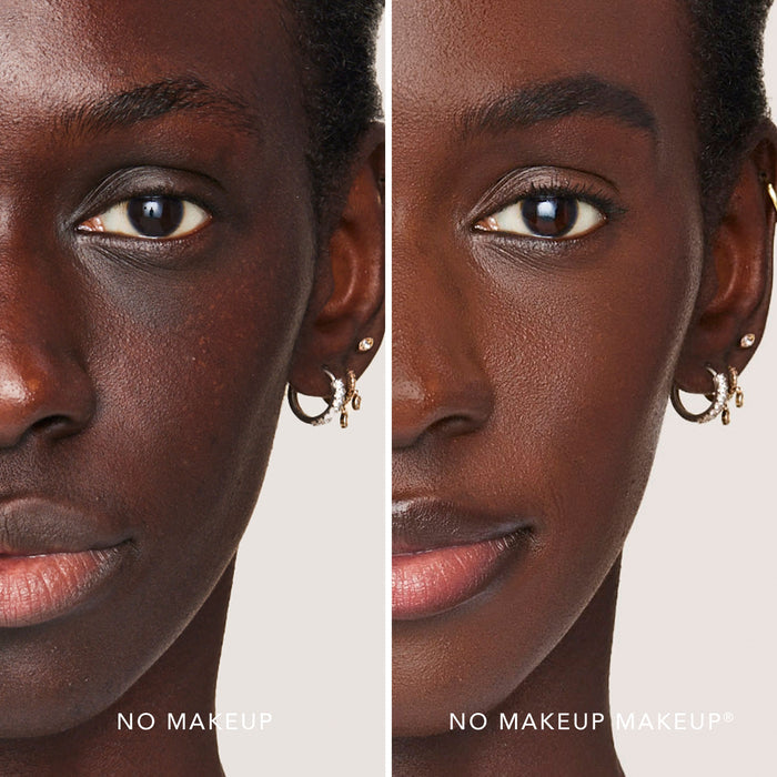 A split screen image of a woman before and after applying FlexShade Foundation by No Makeup Makeup in Warm Deep