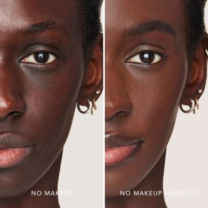 A split screen image of a woman before and after applying FlexShade Foundation by No Makeup Makeup in Warm Deep