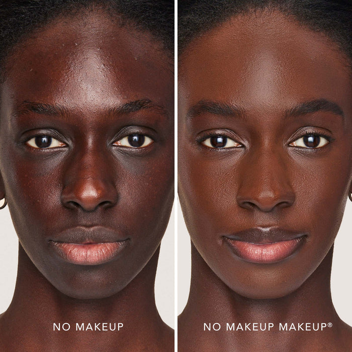 An image of a woman before and after applying FlexShade Foundation by No Makeup Makeup in Warm Deep