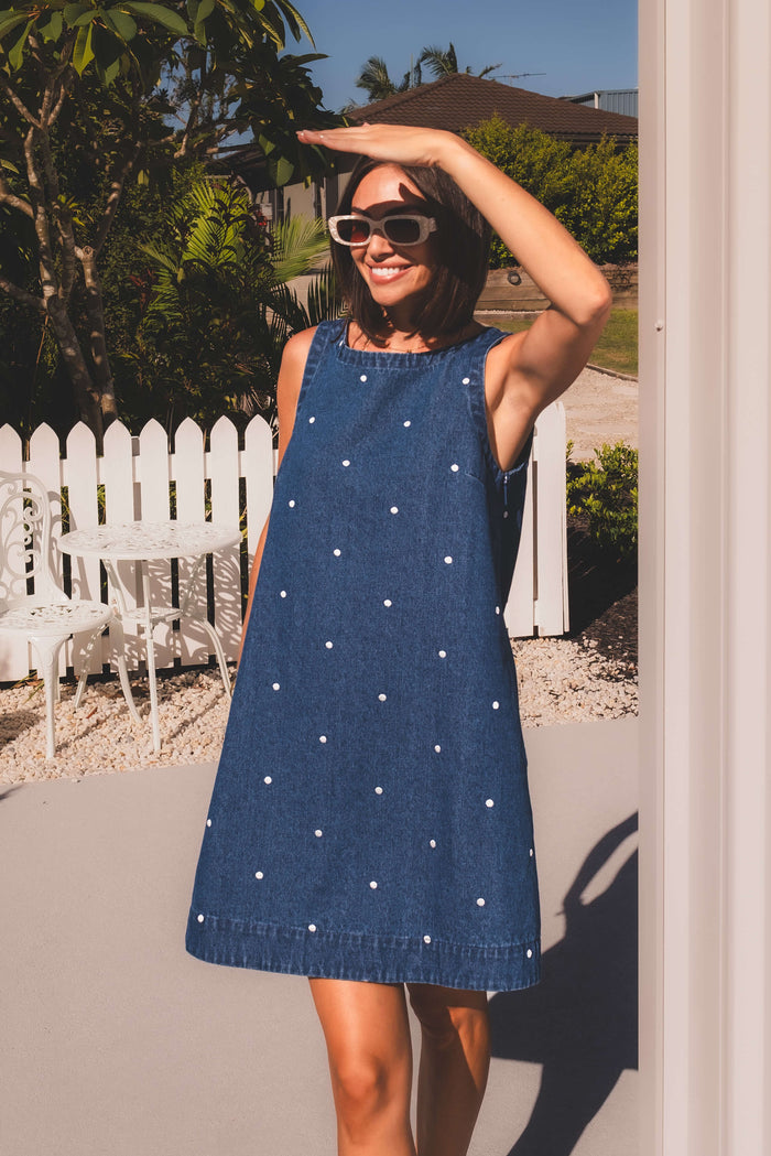 Noah Dress - Denim Polka