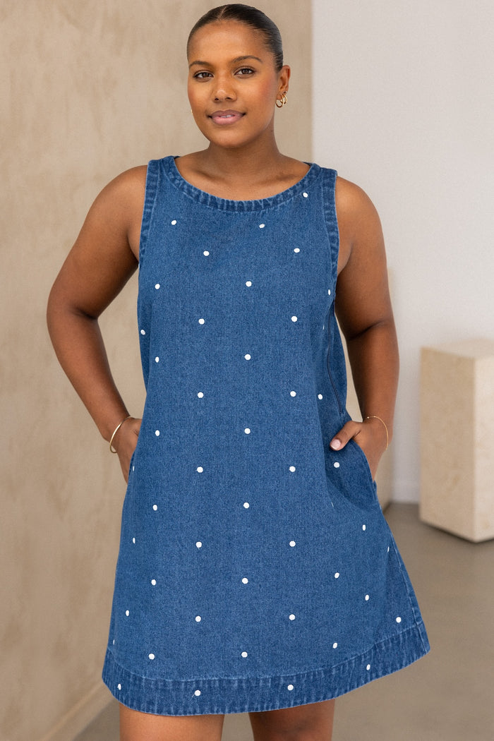 Noah Dress - Denim Polka
