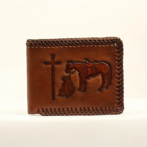 Brown Nocona leather bi-fold wallet with embossed praying cowboy design. Edges are stained with lacing.