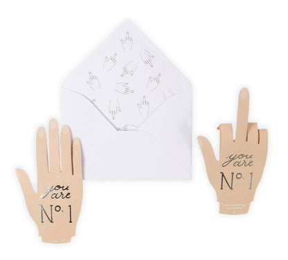 Number One pop-up greeting card with white envelope and three hand cutouts saying “You are N° 1”