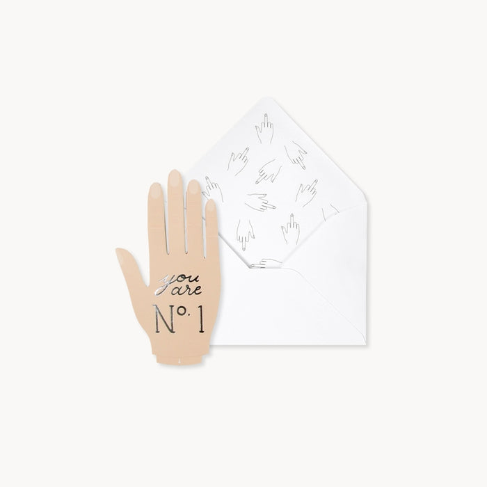 Number One pop-up greeting card with white envelope and hand illustration saying “You are N° 1”