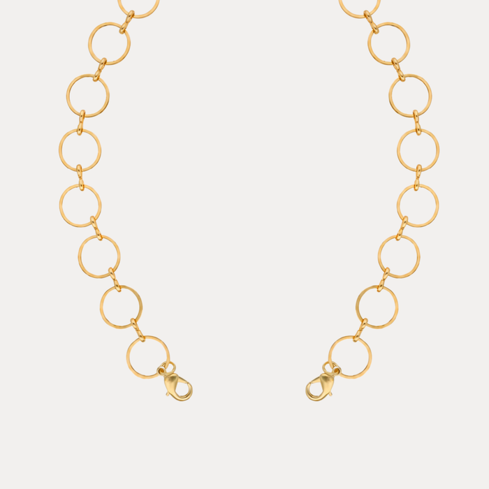 O-Ring Chain Necklace featuring open circular links and lobster clasp for charms, elegant design for a stylish look.