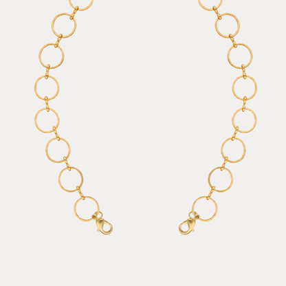 O-Ring Chain Necklace featuring open circular links and lobster clasp for charms, elegant design for a stylish look.