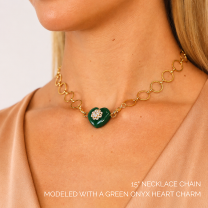 O-Ring Chain Necklace featuring a green onyx heart charm, showcasing its elegant design and lobster clasp details.