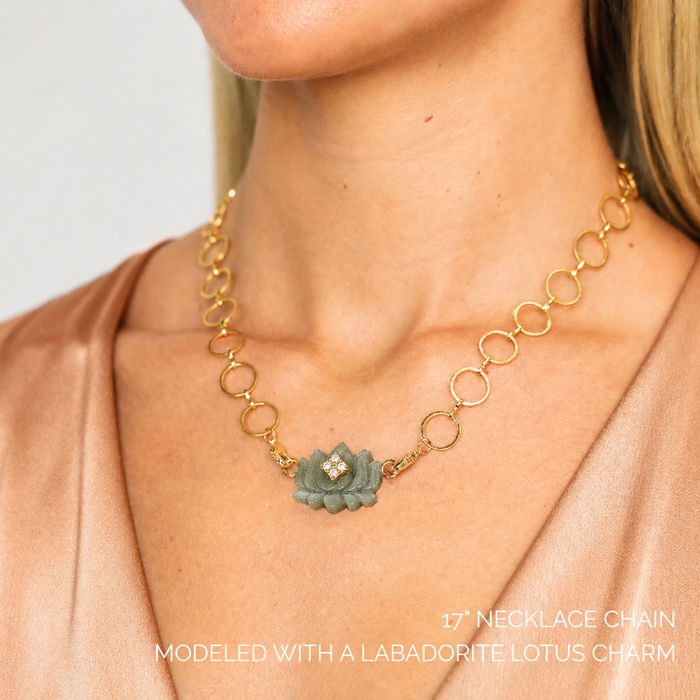 O-Ring Chain Necklace modeled with a labradorite lotus charm, featuring open circular links and elegant design.