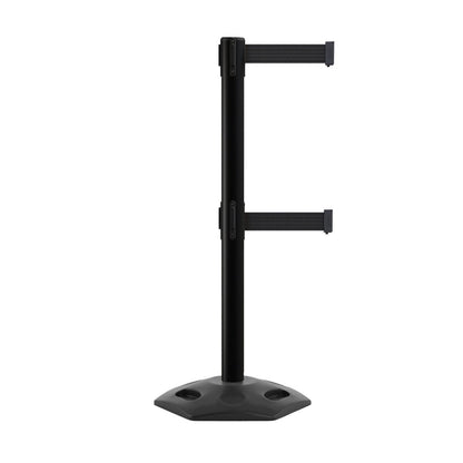 Outdoor Safety Retractable Dual Belt Barrier, Rubber Base, Black Post - Montour Line MSR630D - Crowd Control Warehouse