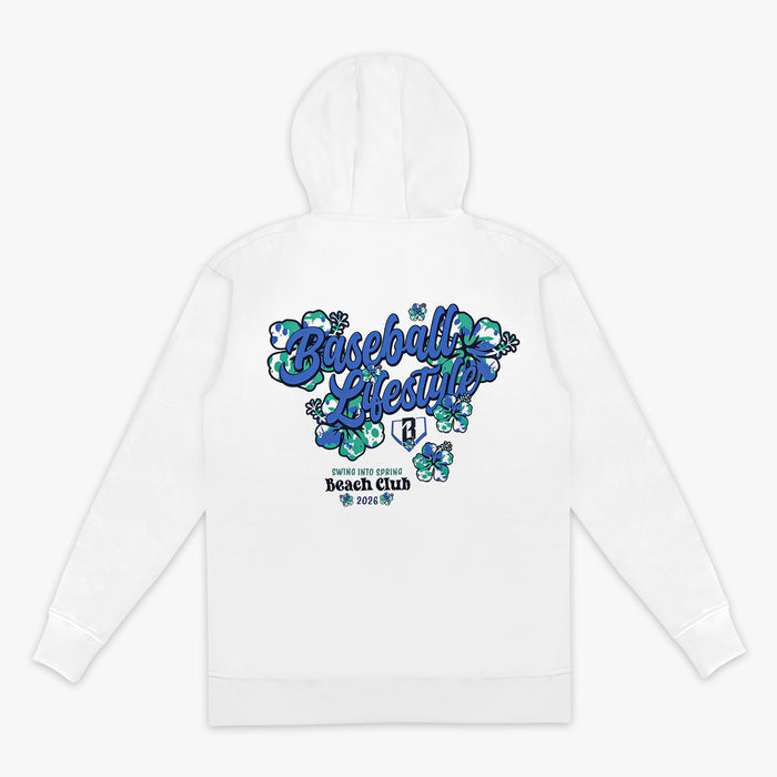 White hoodie with floral 'Baseball Lifestyle Swing Into Spring Beach Club 2026' text design on a white background