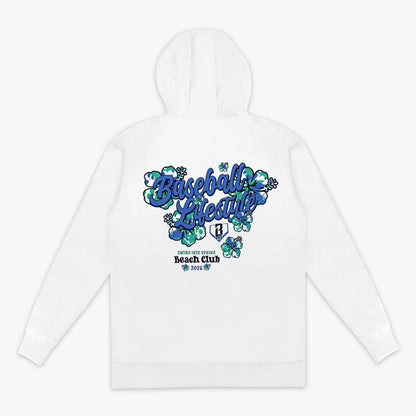 White hoodie with floral 'Baseball Lifestyle Swing Into Spring Beach Club 2026' text design on a white background
