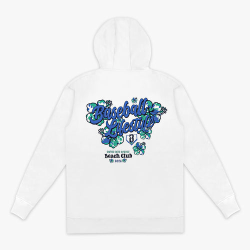 White hoodie with floral 'Baseball Lifestyle Swing Into Spring Beach Club 2026' text design on a white background