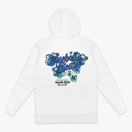 White hoodie with floral 'Baseball Lifestyle Swing Into Spring Beach Club 2026' text design on a white background