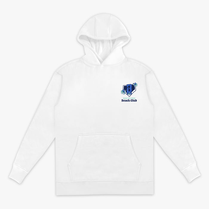 White hoodie with a blue and green floral BL101 logo and 'Swing into Spring Beach Club' text on a white background