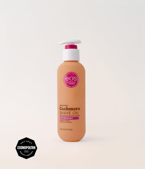 Bottle of eos Cashmere Shave Oil on a white background
