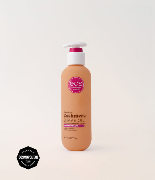 Bottle of eos Cashmere Shave Oil on a white background