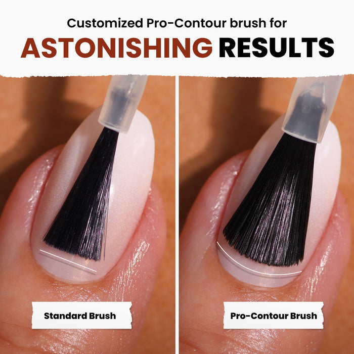 Comparison of two nail polish brushes on nails: the left displays a standard brush, while the right features LONDONTOWN's Posh Forever Pro-Contour brush for ASTONISHING RESULTS. The metallic sheen and cinnamon hues come alive with this customized wider brush.