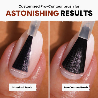 Comparison of two nail polish brushes on nails: the left displays a standard brush, while the right features LONDONTOWN's Posh Forever Pro-Contour brush for ASTONISHING RESULTS. The metallic sheen and cinnamon hues come alive with this customized wider brush.