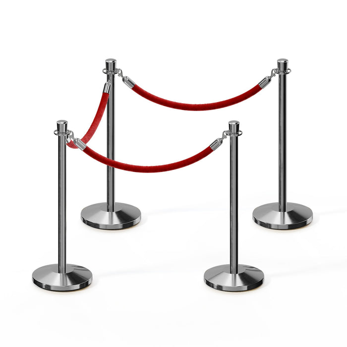 POLISHED STAINLESS STEEL / RED ROPE / 4 Posts / 3 Ropes