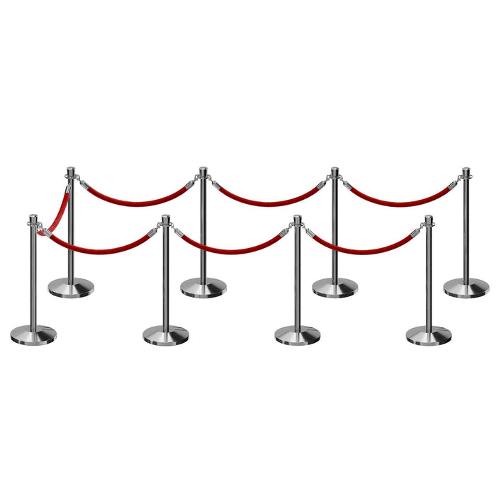 POLISHED STAINLESS STEEL / RED ROPE / 8 Posts / 7 Ropes