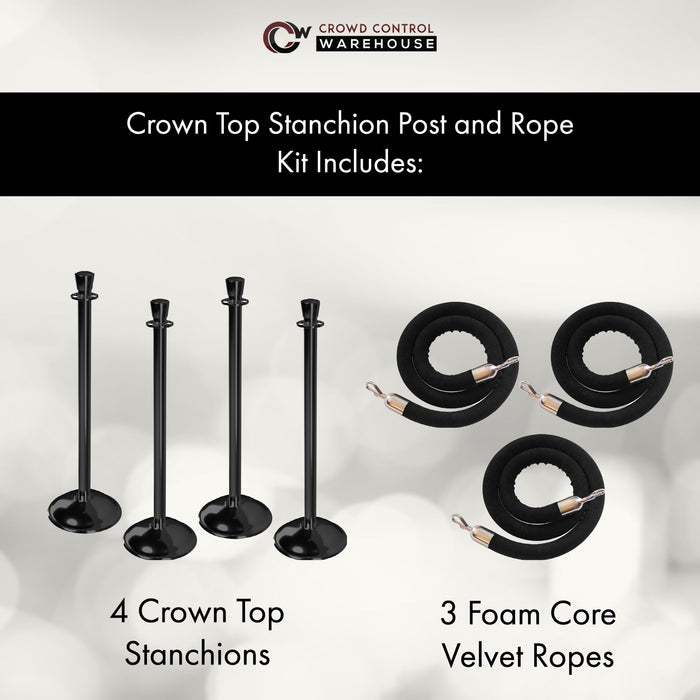 Post and Rope Stanchion Kit, Crown Top Posts, 6 Ft. Velvet Foam Core Rope - Montour Line - Crowd Control Warehouse