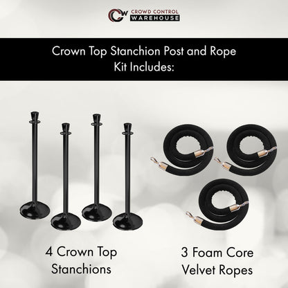 Post and Rope Stanchion Kit, Crown Top Posts, 6 Ft. Velvet Foam Core Rope - Montour Line - Crowd Control Warehouse
