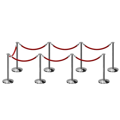 POLISHED STAINLESS STEEL / RED ROPE / 8 Posts / 7 Ropes