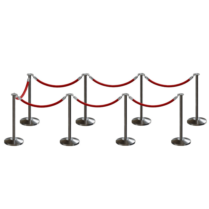 SATIN STAINLESS STEEL / RED ROPE / 8 Posts / 7 Ropes