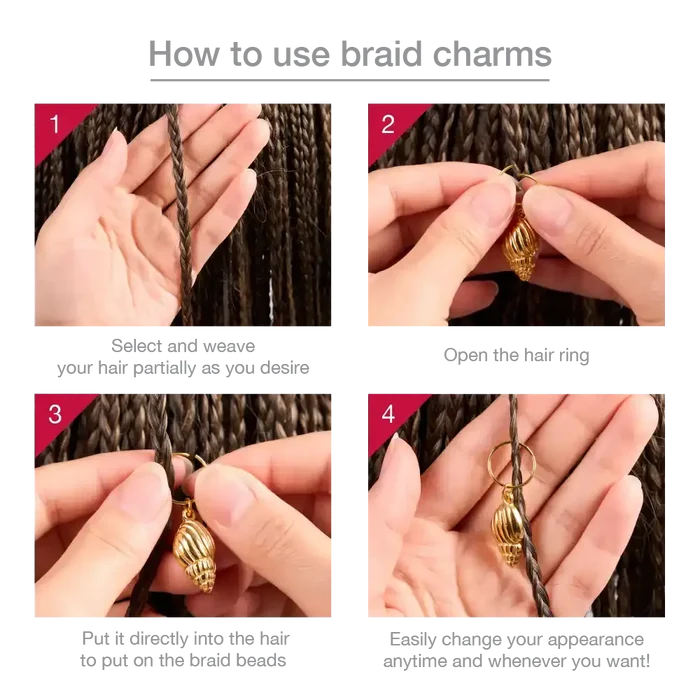 Four step instructional images of hands attaching a gold shell charm to braided hair using braid charm kit for hair