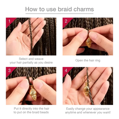 Four step instructional images of hands attaching a gold shell charm to braided hair using braid charm kit for hair