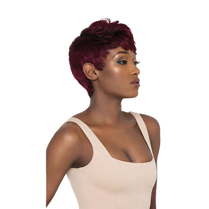 OUTRE premium human hair pixie mohawk wig in burgundy on model with textured tapered sides