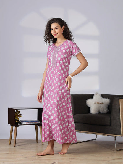 Rose pink trendy pure cotton nightwear for women