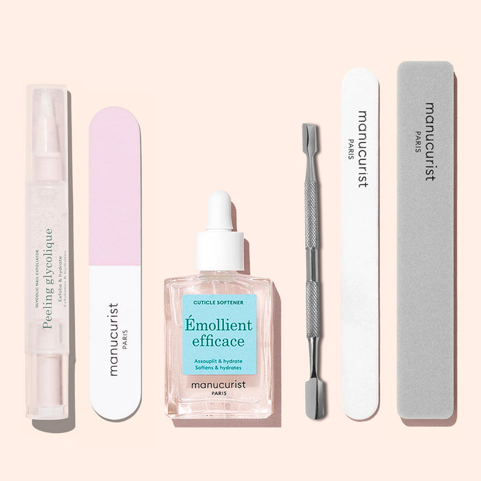 The Manucurist Prep  Glow Routine set features a cuticle softener dropper bottle, gray file, pink and white buffer, metal cuticle pusher, peeling gel pen, and white file—everything you need for the perfect nail care routine.