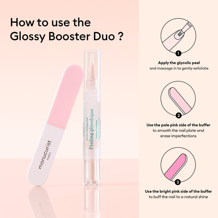 The Manucurist Prep  Glow Routine, featuring a pink and white nail buffer and clear glycolic peel pen, stands upright on a peach background with illustrated instructions for exfoliating, buffing, and achieving naturally glossy nails.