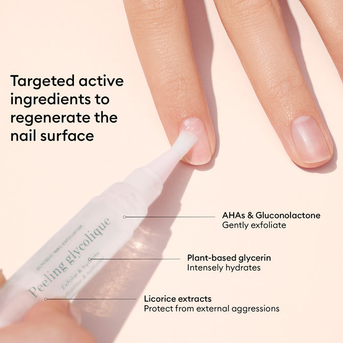A hand applies Manucurist Prep  Glow Routine treatment onto a fingernail, featuring AHAs, gluconolactone, plant-based glycerin, and licorice extracts for exfoliation, hydration, and brightening as part of nail care.