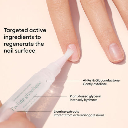 A hand applies Manucurist Prep  Glow Routine treatment onto a fingernail, featuring AHAs, gluconolactone, plant-based glycerin, and licorice extracts for exfoliation, hydration, and brightening as part of nail care.