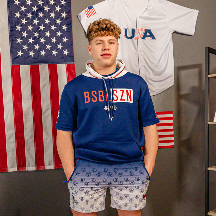 Adult model wearing multi-color Pro Series with Liner USA shorts