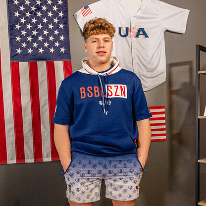 Adult model wearing multi-color Pro Series with Liner USA shorts