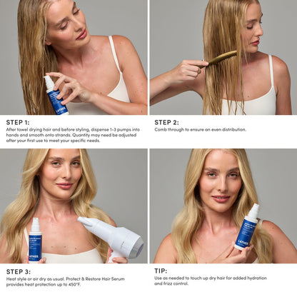 Four-panel instructional graphic showing a woman using a hair serum and hair dryer. The panels are labeled Step 1, Step 2, Step 3, and Tip, with text describing how to dispense, comb through, heat style or air dry, and use the product for hydration and frizz control.