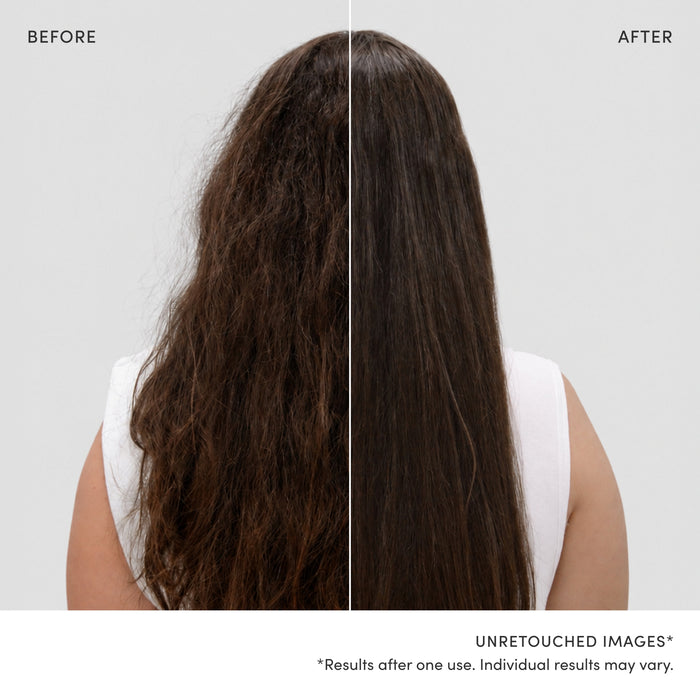 Before and after comparison of a woman's long dark brown hair, showing frizzy, textured hair on the left and smooth, straight hair on the right, against a light gray background.