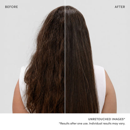 Before and after comparison of a woman's long dark brown hair, showing frizzy, textured hair on the left and smooth, straight hair on the right, against a light gray background.