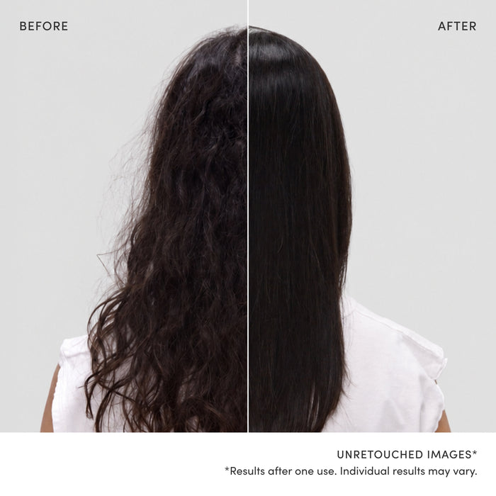 Before-and-after comparison of a person's long black hair, showing frizzy, unruly hair on the left ('BEFORE') and smooth, straight hair on the right ('AFTER'). The person is shown from the back wearing a white top against a light gray background.