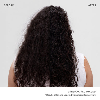Before and after comparison of a person's long, curly dark hair, shown from the back against a light gray background. The left side is labeled 'BEFORE' and appears frizzy, while the right side is labeled 'AFTER' and looks smoother and shinier.
