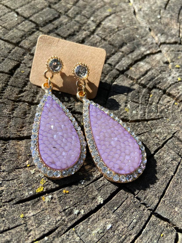 Purple Druzy with Rhinestone Dangle Earrings