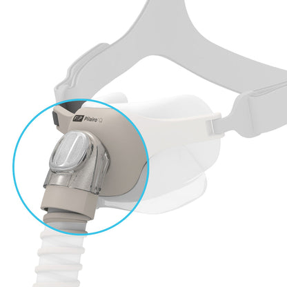 CPAP mask with a close-up of the valve on a white background