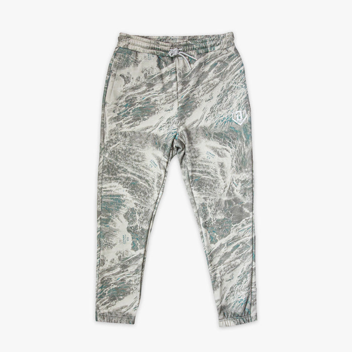 Marbled patterned grey pants with white BL101 logo on a white background