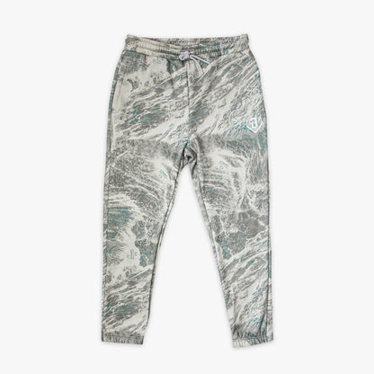 Marbled patterned grey pants with white BL101 logo on a white background