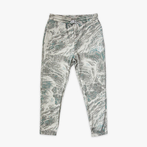 Marbled patterned grey pants with white BL101 logo on a white background