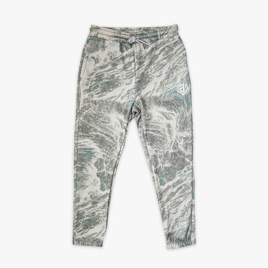 Marbled patterned grey pants with white BL101 logo on a white background