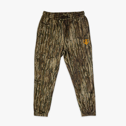 Camouflage pants with a orange BL101 logo on a white background